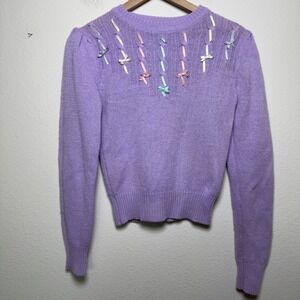 VTG 80s Gitano Women Preppy Coquette Sweater Purple‎ Ribbon Bow Lavender XS